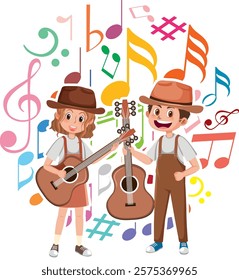 Two kids playing guitars surrounded by colorful notes