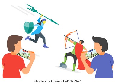 Two kids playing mobile game vector illustration and design. Smartphone gaming mode concept element. Can be used for web, mobile, infographic, and print.