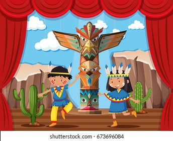 Dos niños jugando a la india nativa en la ilustración del escenario