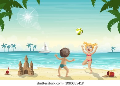 Two kids are playing on the beach with a ball