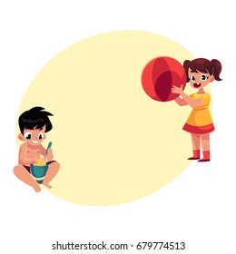 Two kids playing on sandy beach, girl with big ball, boy with bucket and shovel, cartoon vector illustration with space for text. Kids playing on beach with sand and inflatable ball