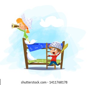 Two kids playing pirate at home. Cartoon vector illustration