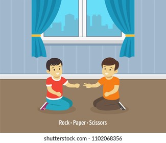 Two kids playing rock paper scissors game at home. Flat vector illustration template.