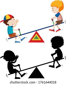 Two kids playing seesaw with its silhouette illustration