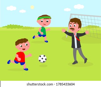 Two kids playing soccer with dad in business clothes, vector illustration