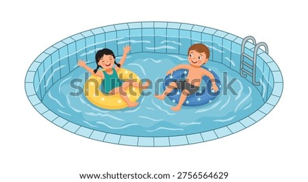 Two kids playing in the swimming pool sitting on swim tube