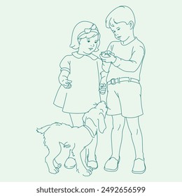 two kids are playing together outdoor with their dog - boy holding a bird