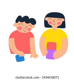 Two kids playing together. Vector illustration on white background.