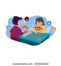 two kids playing trading card games