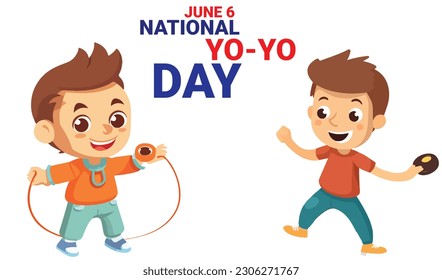 two kids playing yo-yo. smile at face. with bold text. isolated on white background. to celebrate national yo-yo day on june 6. vector eps