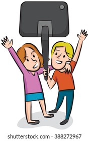 Two kids pose for a picture using a selfie stick
