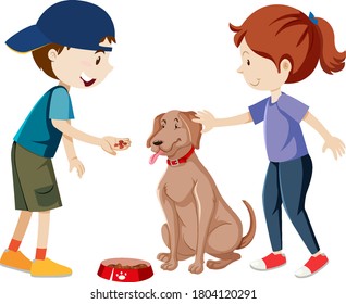 Two kids practicing and feeding their dog cartoon isolated illustration