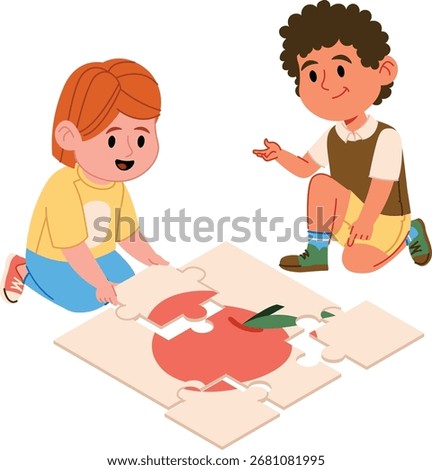 Two kids are putting together a large puzzle with an apple image in a cartoon style. The children are engaged in completing the jigsaw on the floor. Cartoon vector illustration.