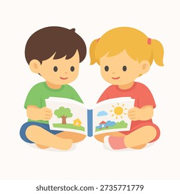 Two kids read together, sharing colorful storybook with drawings of houses, sun, tree, outdoor scenes, early learning
