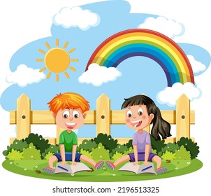 Two Kids Reading Book Cartoon Character Stock Vector (Royalty Free ...