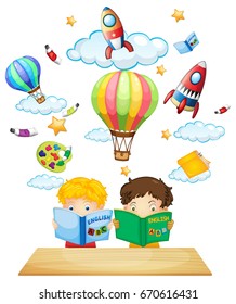 Two kids reading english books illustration
