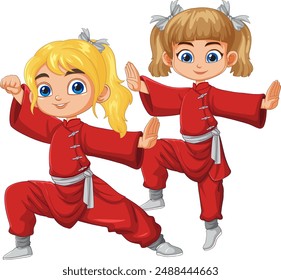 Two kids in red uniforms performing martial arts