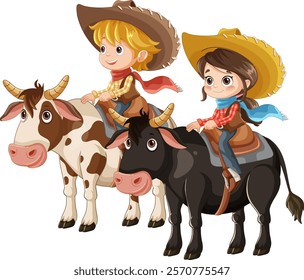 Two kids riding cows, wearing cowboy hats