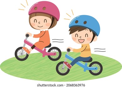 Two kids riding a kick bike in the open field