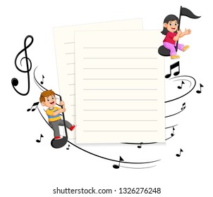Two Kids riding music notes with paper blank background