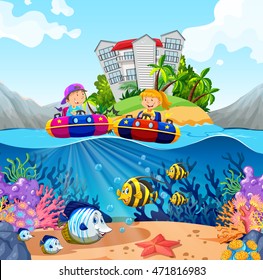 Two kids riding on rubber boats in ocean illustration