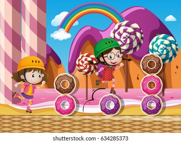 Two kids rollerskate in candyland illustration