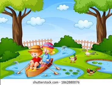 Two Kids Row The Boat In The Stream With Their Pet Ducks Illustration