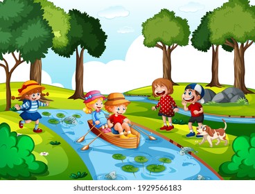 Two kids row the boat at water fall with their friends on white background illustration