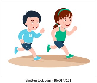 Zwei Kinder laufen auf einem Stadionweg, Lächeln Kinder Marathon zusammen laufen. Trainings- und Fitnesskonzept.