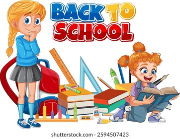 Two kids with school supplies and books