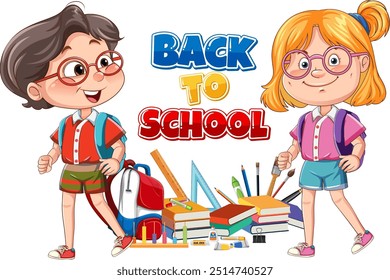 Two kids with school supplies, ready for school