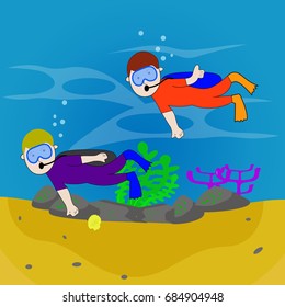 two kids scuba diving under the sea illustration. vector cartoon for kid shirt design, wallpaper, book cover design