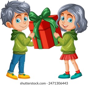 Zwei Kinder teilen sich ein eingewickeltes Geschenk