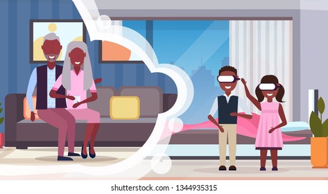 Two kids sister and brother wearing digital glasses with virtual reality grandparents  