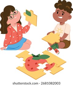 Two kids sit on the floor assembling a large fruit puzzle in a flat cartoon style. The boy and girl are engaged with the pieces, creating a playful scene. Cartoon vector illustration.