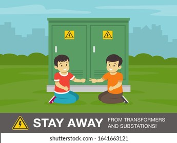 Two kids sitting beside the electrical transformer and playing rock paper scissors game. Stay away from transformers and substations warning sign. Flat vector illustration.