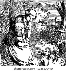 Two kids sitting on rock, surrounded by grass and trees, one doll kept near by little girl, one house can be seen through trees, vintage line drawing or engraving illustration