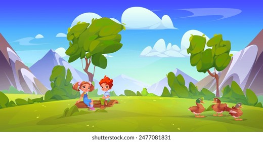 Two kids sitting on wooden log on meadow with green grass and trees, wild ducks, high mountains and blue sky with clouds on background. Cartoon vector summer landscape with boy and girl friends.