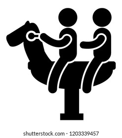 Two kids sitting over a horse swing is the sign of kids swinging 