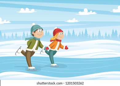 Two kids skate on the ice, vector illustration