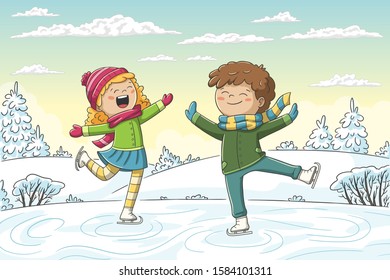 Two kids skatin. Hand drawn vector illustration with separate layers.