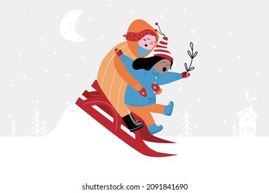 two kids sled from snowdrift, winter children with frost breath enjoy their play, isolated layers