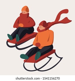 Two kids sledding vector illustration. Winter outdoor activity, active winter holiday, cartoon style