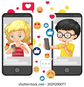 Two kids with smartphones and social media emoji icon cartoon style isolated on white background illustration