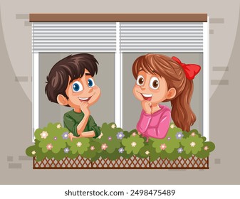 Two kids smiling by a window