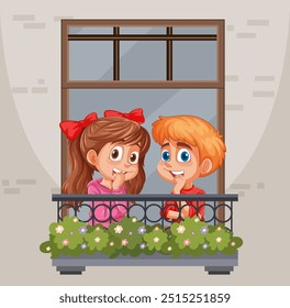 Two kids smiling on a flowered balcony