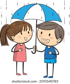 Two kids smiling under a blue and white umbrella