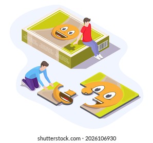 Two kids solving jigsaw puzzle having fun and exercising brain, flat vector isometric illustration. Happy friends playing puzzle game sitting on the floor. Home leisure activities.