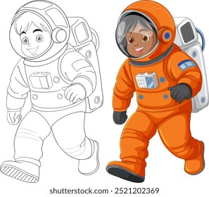 Two kids in spacesuits, one colored, one outlined