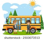 Two kids standing by a school bus